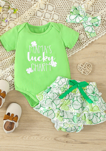St. Patrick's Day Children's Clothing Spring Summer Style Baby Girl Clover Print Short Sleeve Bodysuit And Shorts Set