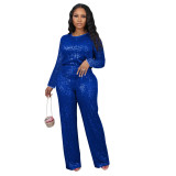 Winter And Spring Sequined Solid Color Long-Sleeved Top Trousers Two-Piece Set