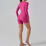 Solid Color Zipper Tight Fitting High Stretch Jumpsuit Sports Fitness Running Overalls Cargo Shorts Yoga Clothes