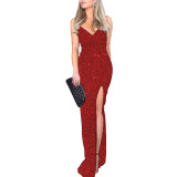 Summer Women's High Waist Sexy Fashion Straps Sequin Slit Dress