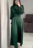 Spring Long-Sleeved Slim Waisted Puff-Sleeved Green Dress