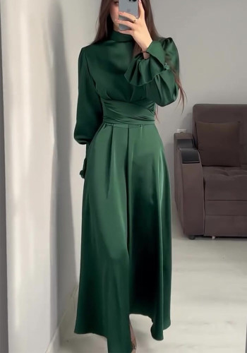 Spring Long-Sleeved Slim Waisted Puff-Sleeved Green Dress