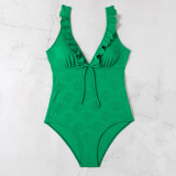 Fashionable And Sexy Ruffled V Neck Tight Fitting One-Piece Swimsuit