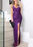 Summer Women's High Waist Sexy Fashion Straps Sequin Slit Dress