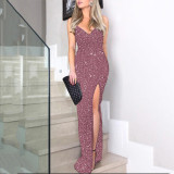 Summer Women's High Waist Sexy Fashion Straps Sequin Slit Dress