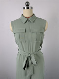 Women's Winter And Spring Turndown Collar Pocket Slim Waist Loose Wide Leg Sleeveless Jumpsuit