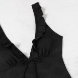 Fashionable And Sexy Ruffled V Neck Tight Fitting One-Piece Swimsuit