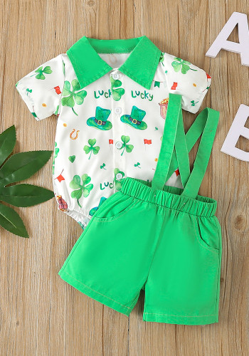St. Pat's Day Children's Clothing Spring Boys' Clover Printed Short-Sleeved Blouse Green Overalls Suit