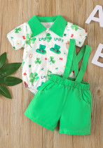 St. Pat's Day Children's Clothing Spring Boys' Clover Printed Short-Sleeved Blouse Green Overalls Suit St. Pat's Day Children's Clothing Spring Boys' Clover Printed Short-Sleeved Blouse Green Overalls Suit