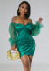 Sexy Slim Off Shoulder See Through Mesh Long Sleeve Patchwork Party Dress Nightclub Wear