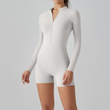 Solid Color Zipper Tight Fitting High Stretch Jumpsuit Sports Fitness Running Overalls Cargo Shorts Yoga Clothes