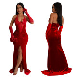 Fashion Women's Solid Color Halter Neck Slit Sexy Long Dress