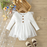 Baby Girl Spring And Autumn Style Harried Newborn Clothes Baby Girl Solid Color Ribbed Long-Sleeved Mesh Harried Dress