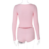 Women's Sexy V-Neck Tight Fitting Long-Sleeved Top Fashionable Sports Style Shorts Two-Piece Set