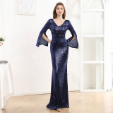 Women's Long Sleeve Formal Party Chic French Luxurious Sequined Mermaid Long Evening Dress