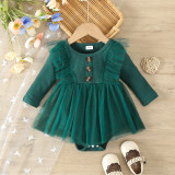 Baby Girl Spring And Autumn Style Harried Newborn Clothes Baby Girl Solid Color Ribbed Long-Sleeved Mesh Harried Dress