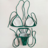 Solid Color Triangle Cup Thong Bikini Sexy Halter Neck Drawstring Adjustable Two Piece Swimsuit For Women