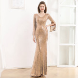 Women's Long Sleeve Formal Party Chic French Luxurious Sequined Mermaid Long Evening Dress