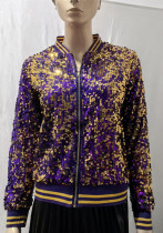 Women's Tops Fashion Color Block Sequin Style Short Zipper Jacket Coat