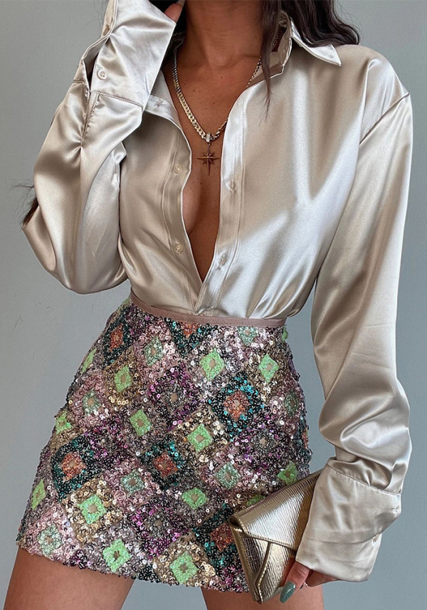 Turndown Collar Long Sleeve Buttoned Chic Slim Fit Satin Shirt For Women