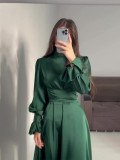 Spring Long-Sleeved Slim Waisted Puff-Sleeved Green Dress
