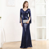 Women's Long Sleeve Formal Party Chic French Luxurious Sequined Mermaid Long Evening Dress
