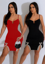 Sexy Bow-Embellished Beaded Slit Strap Bodycon Dress