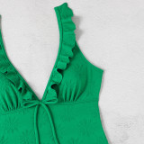 Fashionable And Sexy Ruffled V Neck Tight Fitting One-Piece Swimsuit