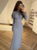 Autumn Slim Long-Sleeved Pleated Lace-Up Irregular Long Dress For Women