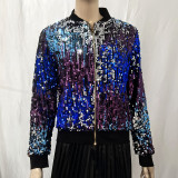 Women's Tops Fashion Color Block Sequin Style Short Zipper Jacket Coat