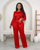 Winter And Spring Sequined Solid Color Long-Sleeved Top Trousers Two-Piece Set