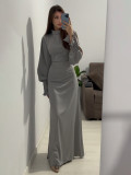 Autumn Pleated Slim Waist Lace-Up Long Dress