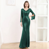 Women's Long Sleeve Formal Party Chic French Luxurious Sequined Mermaid Long Evening Dress