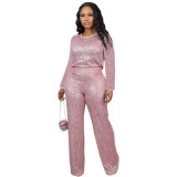 Winter And Spring Sequined Solid Color Long-Sleeved Top Trousers Two-Piece Set
