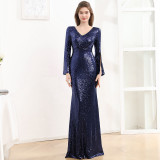Women's Long Sleeve Formal Party Chic French Luxurious Sequined Mermaid Long Evening Dress