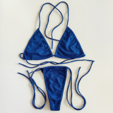 Solid Color Triangle Cup Thong Bikini Sexy Halter Neck Drawstring Adjustable Two Piece Swimsuit For Women
