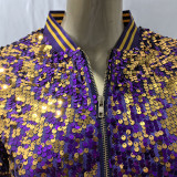 Women's Tops Fashion Color Block Sequin Style Short Zipper Jacket Coat