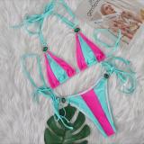 Sexy Crystal Diamond Color Patchwork Lace-Up Bikini Swimsuit Holidays Two Pieces Women's Swimwear
