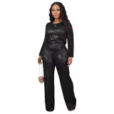 Winter And Spring Sequined Solid Color Long-Sleeved Top Trousers Two-Piece Set