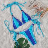 Sexy Crystal Diamond Color Patchwork Lace-Up Bikini Swimsuit Holidays Two Pieces Women's Swimwear