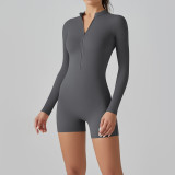 Solid Color Zipper Tight Fitting High Stretch Jumpsuit Sports Fitness Running Overalls Cargo Shorts Yoga Clothes