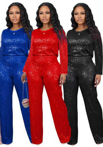 Winter And Spring Sequined Solid Color Long-Sleeved Top Trousers Two-Piece Set