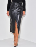 Women's Chic Pu Leatherwinter And Spring High Waist Slit Irregular Versatile Midi Skirt