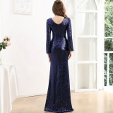 Women's Long Sleeve Formal Party Chic French Luxurious Sequined Mermaid Long Evening Dress