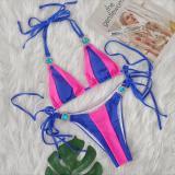 Sexy Crystal Diamond Color Patchwork Lace-Up Bikini Swimsuit Holidays Two Pieces Women's Swimwear