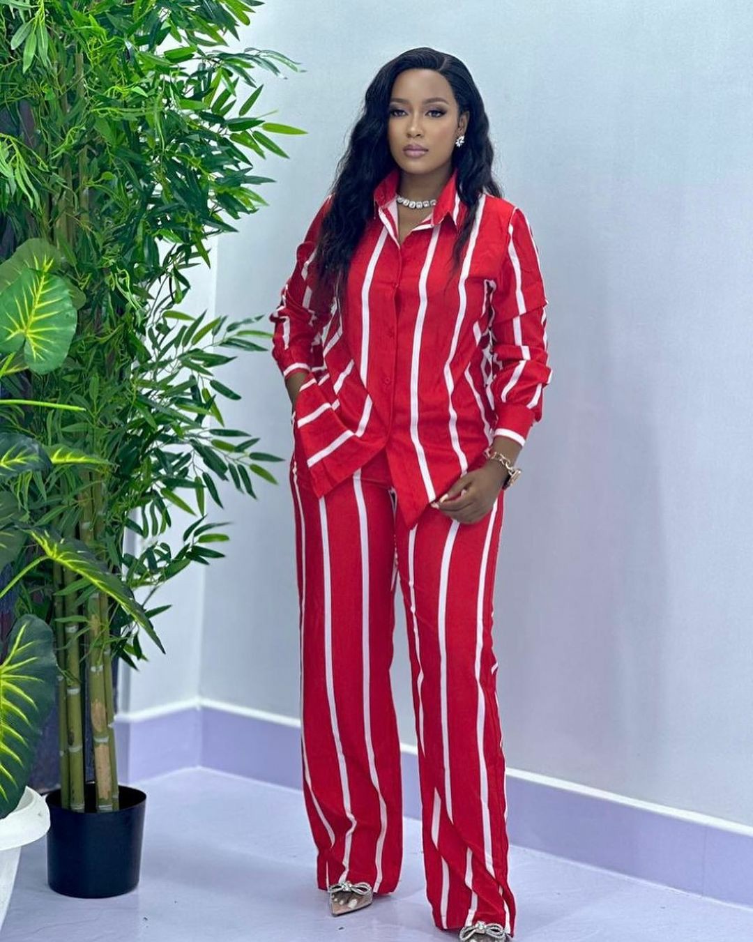 Fashion Casual Women's Spring And Autumn Striped Long Sleeve Shirt Loose Pants Women's Two-Piece Set