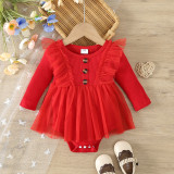 Baby Girl Spring And Autumn Style Harried Newborn Clothes Baby Girl Solid Color Ribbed Long-Sleeved Mesh Harried Dress
