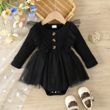 Baby Girl Spring And Autumn Style Harried Newborn Clothes Baby Girl Solid Color Ribbed Long-Sleeved Mesh Harried Dress