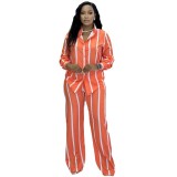 Fashion Casual Women's Spring And Autumn Striped Long Sleeve Shirt Loose Pants Women's Two-Piece Set