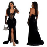Fashion Women's Solid Color Halter Neck Slit Sexy Long Dress